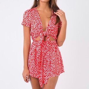 Princess Polly red floral tie front romper